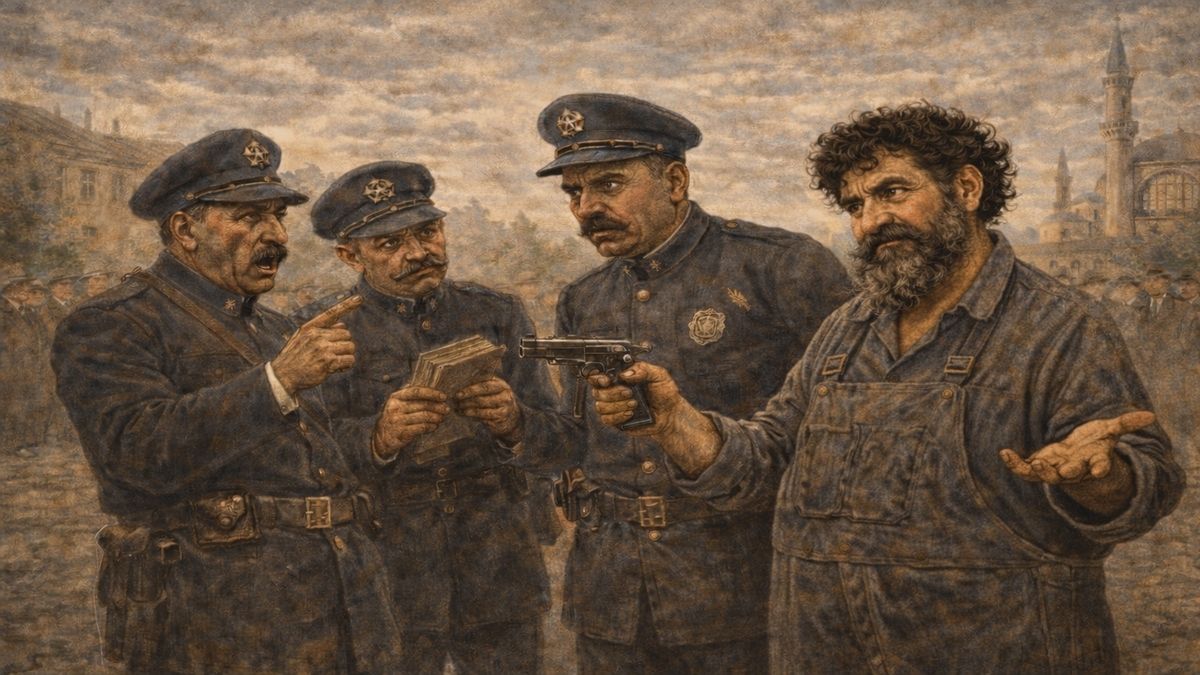 Sakallı Celal ve Kimlik Meselesi Sakallı Celal’in polisler tarafından çevrildiği, elinde tabanca tutarken bilgece ve alaycı bir ifadeyle karşısındakileri süzdüğü alegorik sahne.