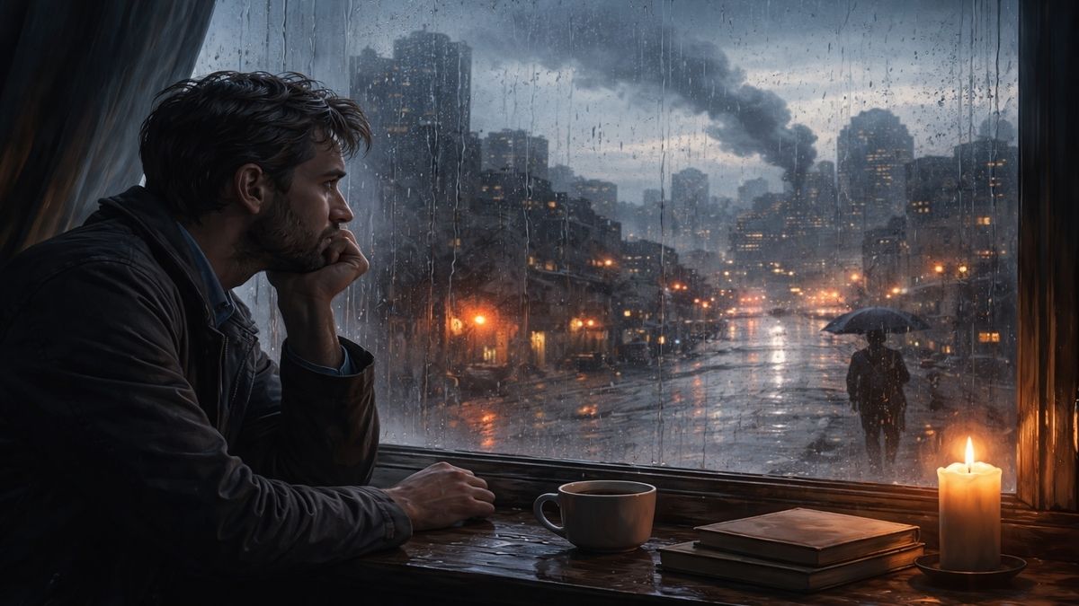 Yağmur altında karanlık bir şehir manzarasına bakan, cam kenarında düşünceli şekilde oturan bir adam; uzakta şemsiye altında yürüyen siluet ve yıkım hissiyle barış arayışını anlatan alegorik sahne.