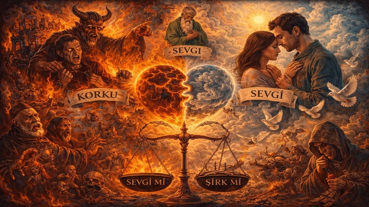 Korku ve sevgi arasında ikiye bölünmüş alegorik bir sahnede, alevler içindeki karanlık figürler ile huzur dolu bir çift karşı karşıya dururken, terazide “sevgi mi” ve “şirk mi” sorusu tartılıyor.