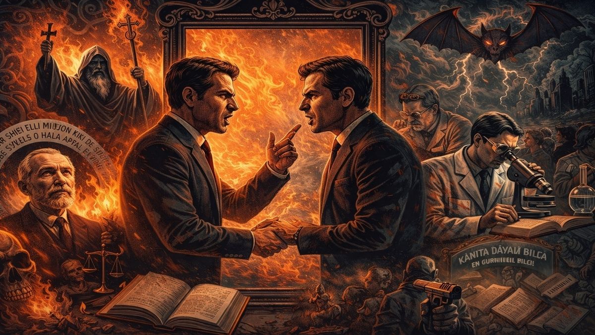 Aynaya bakarak kendisiyle tartışan bir adam, çevresinde dinî figürler, bilim insanları, kitaplar ve karanlık sembollerle korku, kibir ve sorgulama temasını yansıtan çok katmanlı bir sahne.