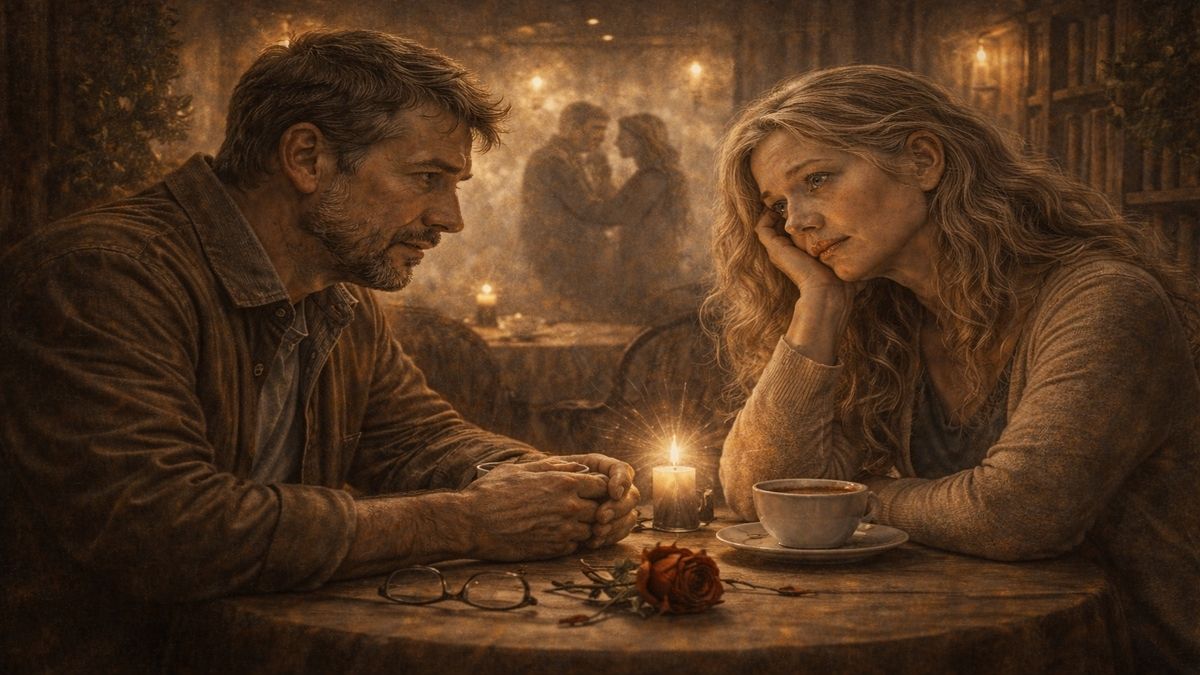 Son Sözler – Yaşlanmış Bir Aşkın Sessizliği Bir masada karşılıklı oturan yaşlı bir kadın ve erkeğin, aralarındaki sessiz kederi yansıtan bakışları; masada solmuş bir gül ve mum ışığıyla betimlenen melankolik sahne.