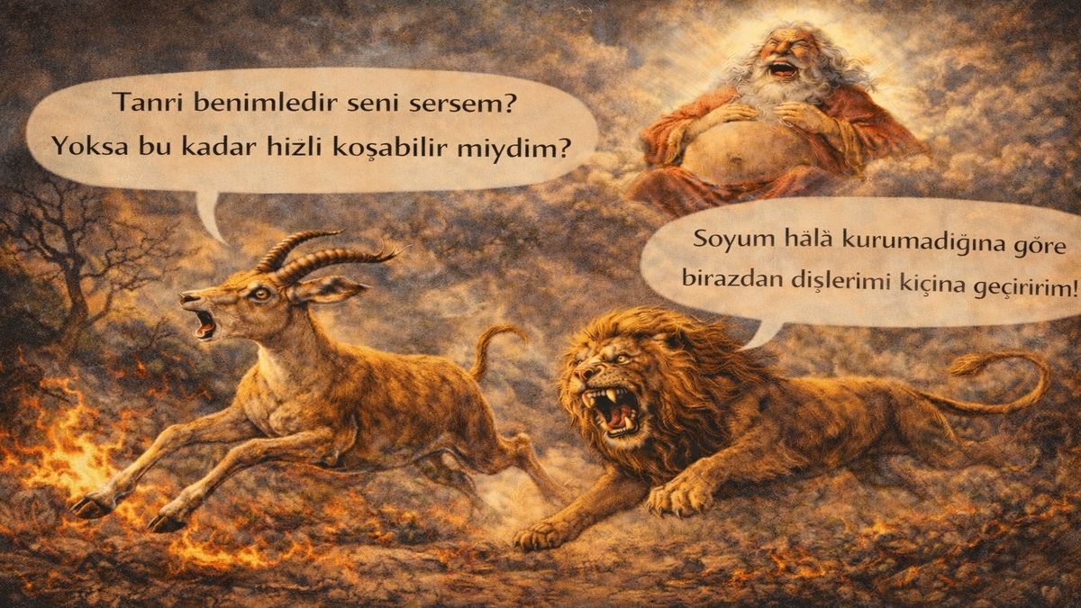 Bosch tarzında alegorik resim; ormanda aslandan kaçan antilop, konuşma balonlarıyla inanç ve güç yanılsamasını temsil eden sahne