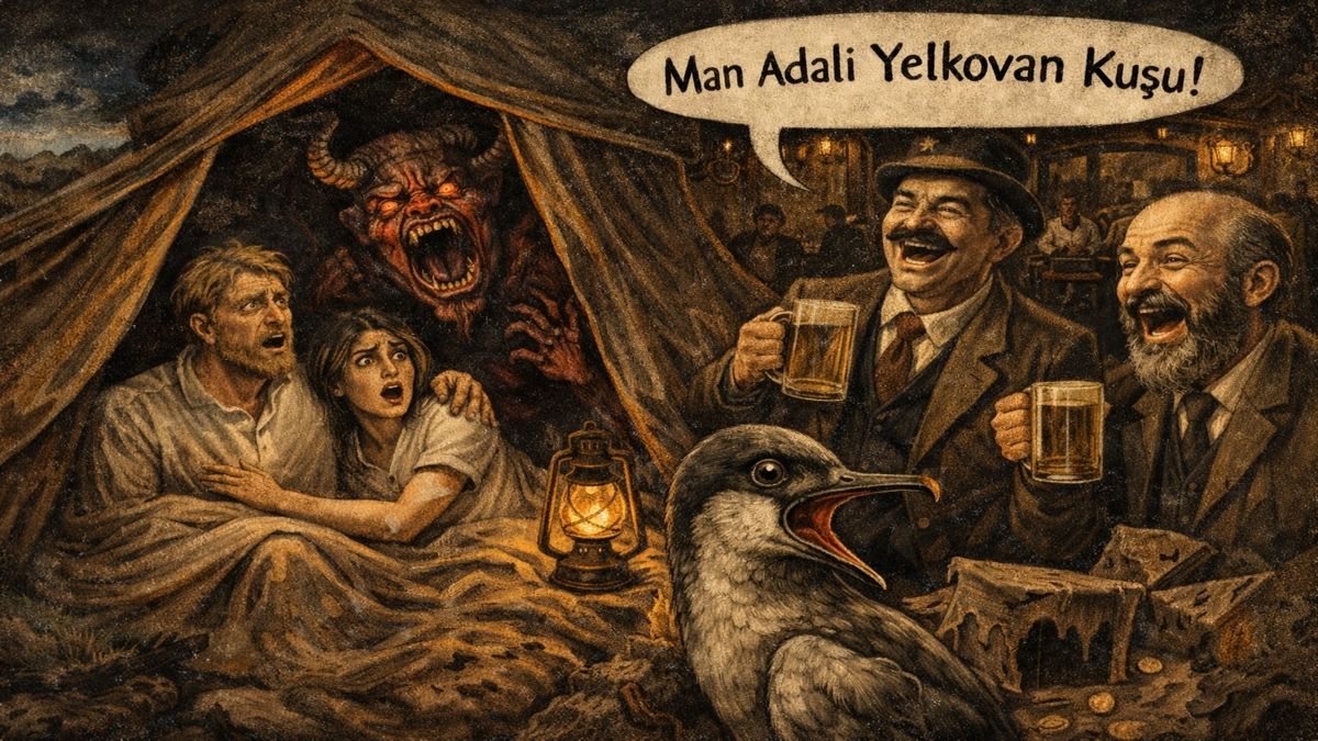 Bosch tarzında çok katmanlı alegorik resim; çadırda şeytan sesi duyduğunu sanan çift ile bir handa Man Adalı Yelkovan Kuşu’na gülen kuşbilimcilerin karşıtlığı