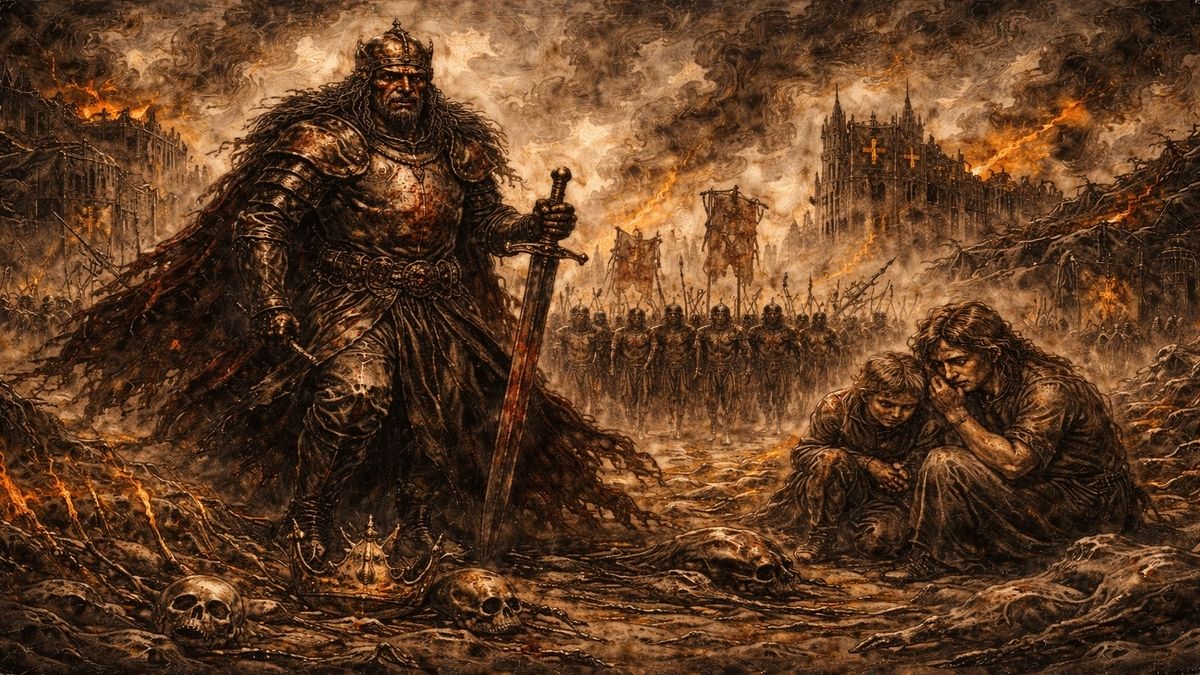 Tarih-i Kadim şiirinde kutsallaştırılan savaşı eleştiren, yıkılmış şehirde duran bir başbuğ, yakılmış ekinler, sokakta kalmış insanlar ve parçalanmış taçla kurulu alegorik sahne