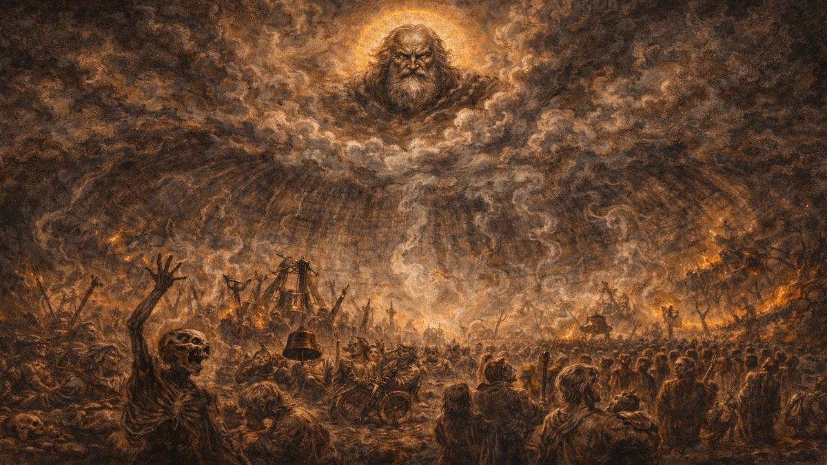 Tarih-i Kadim şiirinde cevapsız duaları anlatan, boş bir kubbe altında yükselen çığlıklar, yankılanan sesler ve yukarıda ulaşılamayan bir gökyüzüyle kurulu alegorik sahne