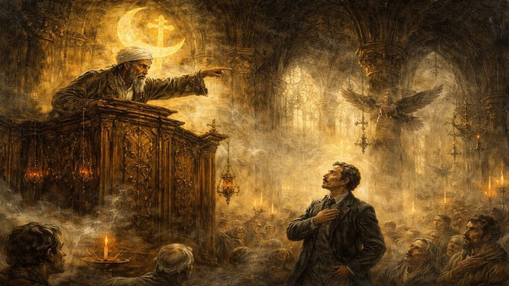 Tarih-i Kadim’e Zeyl şiirinin polemik bölümünü anlatan, kürsüden itham eden bir vaiz figürü ve aşağıda vicdanıyla ayakta duran bir şairin alegorik sahnesi