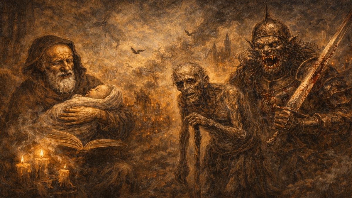 Tarih-i Kadim şiirinin başlangıç bölümünü anlatan, ninni okuyan bir dede, bir deri bir kemik yaşlı adam ve sırtlana hortlağa benzeyen bir savaşçının yer aldığı çok katmanlı alegorik sahne