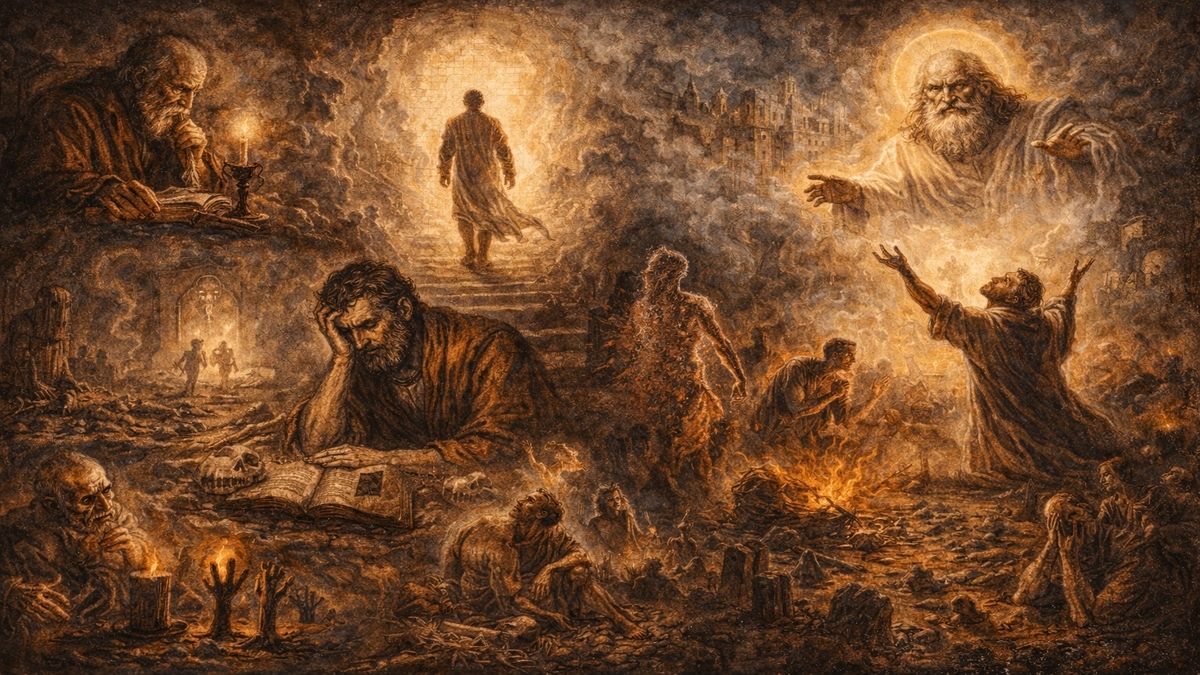 Tarih-i Kadim şiirinde kuşku, akıl ve inanç çatışmasını anlatan; düşünen insan, ışığa yürüyen figür, yakarışta bulunanlar ve yukarıda ulaşılmaz bir kutsal temsille kurulu çok katmanlı alegorik sahne