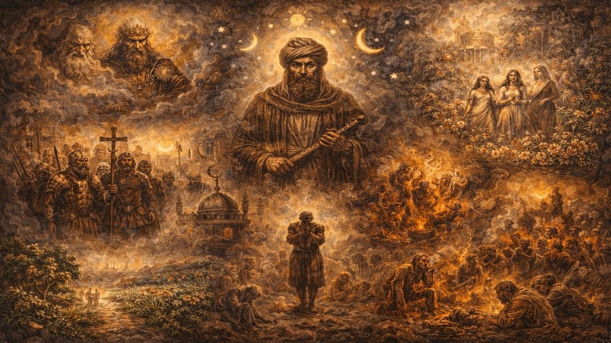 Tarih-i Kadim şiirinde ortaksızlık iddiasını eleştiren; çoğalan tanrısal figürler, peygamber, cennet ve cehennem sahneleri ile itaat eden kalabalıkları gösteren çok katmanlı alegorik kompozisyon