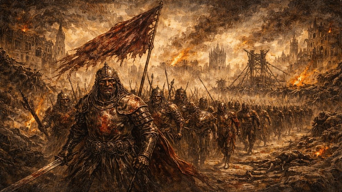 Tarih-i Kadim şiirinde anlatılan yıkımı betimleyen, harap olmuş bir şehrin içinden geçen kanlı sancaklı ordu, silahlı askerler, mancınık ve en arkada sürülen esirlerden oluşan çok katmanlı alegorik sahne