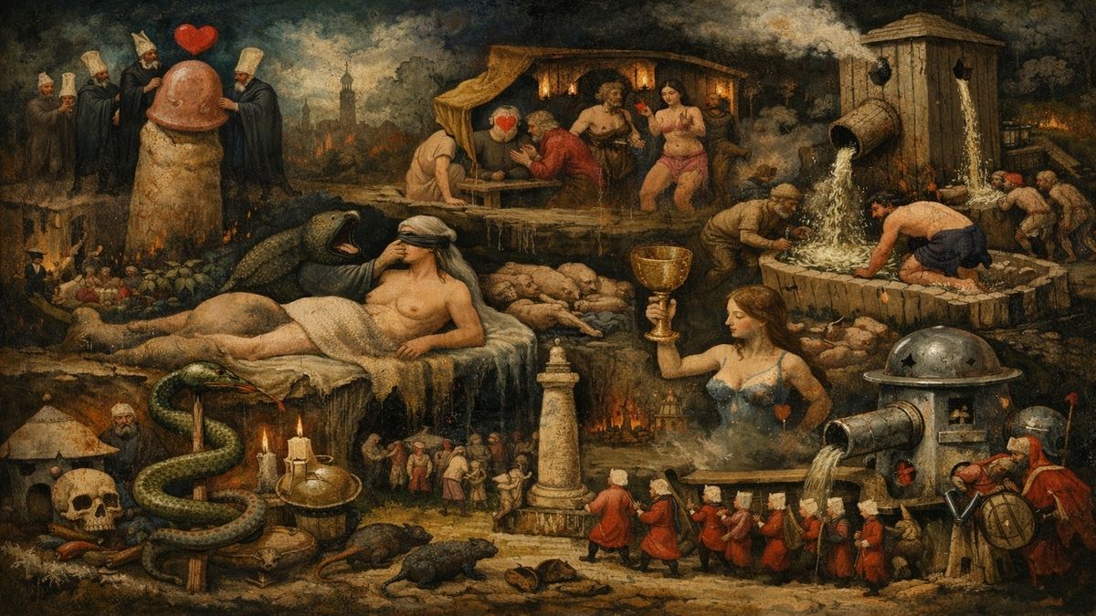 Ver Mehteri – Alegorik Şiir İllüstrasyonu Ver Mehteri şiirinin her kıtasını alegorik sahnelerle betimleyen, çok katmanlı Bosch tarzı karanlık ve hicivsel illüstrasyon