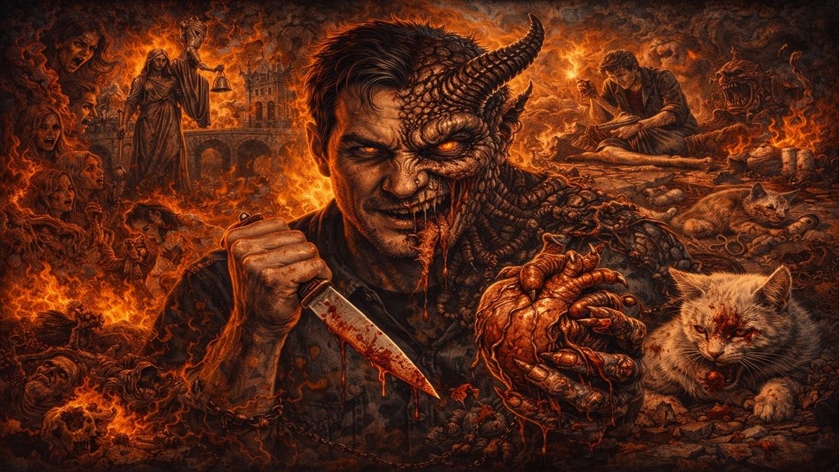 Yarı insan yarı canavar bir figürün merkezde yer aldığı, çevresinde korku, şiddet ve vicdan kaybını simgeleyen sahnelerle dolu karanlık ve alegorik bir kompozisyon.