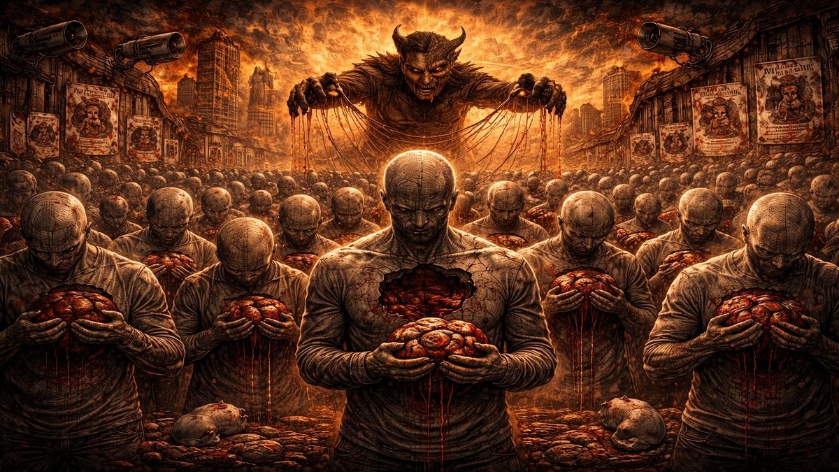 Yüzsüz kalabalıkların ellerinde kanlı taş kalpler taşıdığı, arkadan iplerle yönetilen bir topluluğun vicdan yoksunluğunu anlatan karanlık ve alegorik bir sahne.