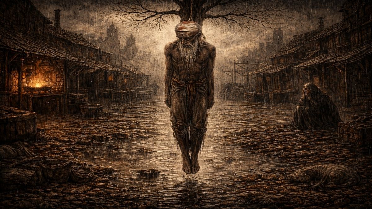 Yağmur altında sessiz Serez çarşısında, başı öne düşmüş ve gözleri kapalı şekilde ağaçta asılı duran Şeyh Bedreddin’in cansız bedeni ve korku içinde susan şehir.