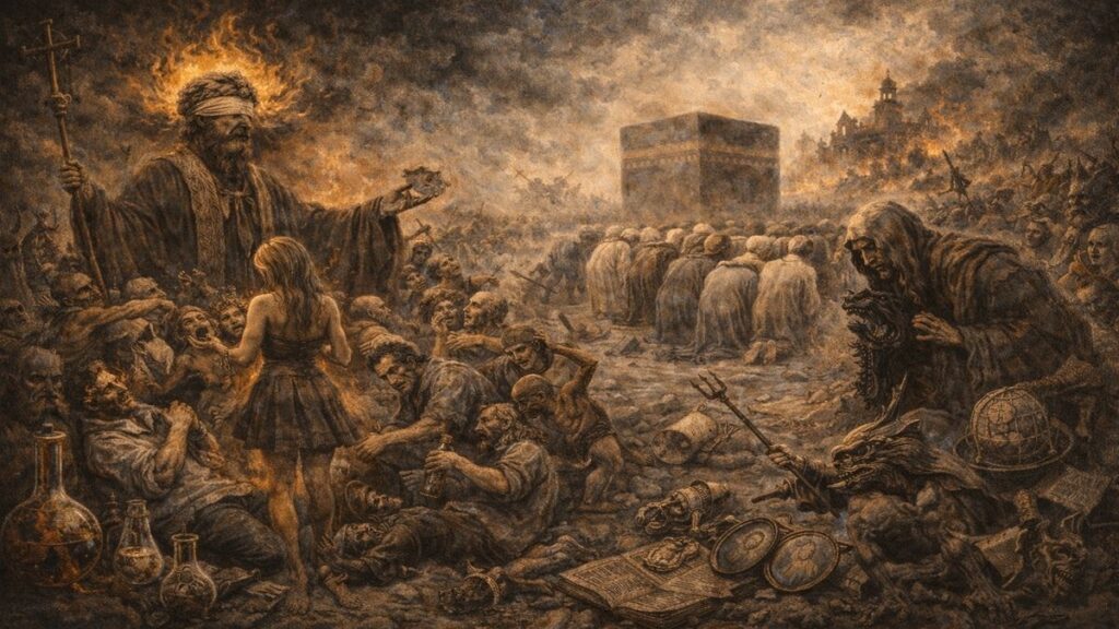 Cehalet, sahte zikir, gizli niyet ve kör softalık üzerinden kıyamet sahnesine dönüşen toplumsal çürümeyi anlatan Bosch tarzı alegorik şiir görseli