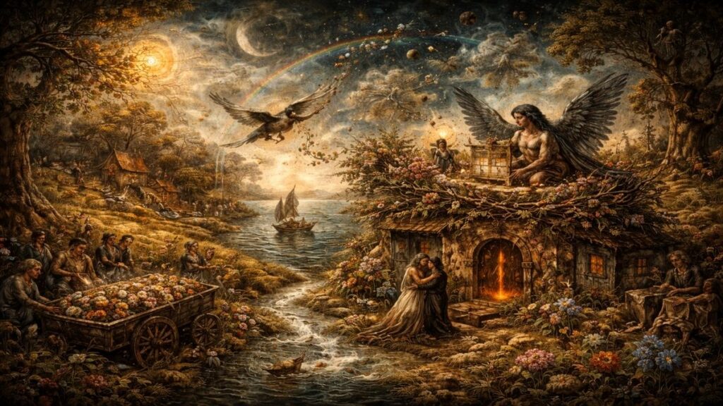 Değiş Tokuşlar şiiri için yapılmış Bosch estetiğinde doğa ve insan dönüşümü alegorisi