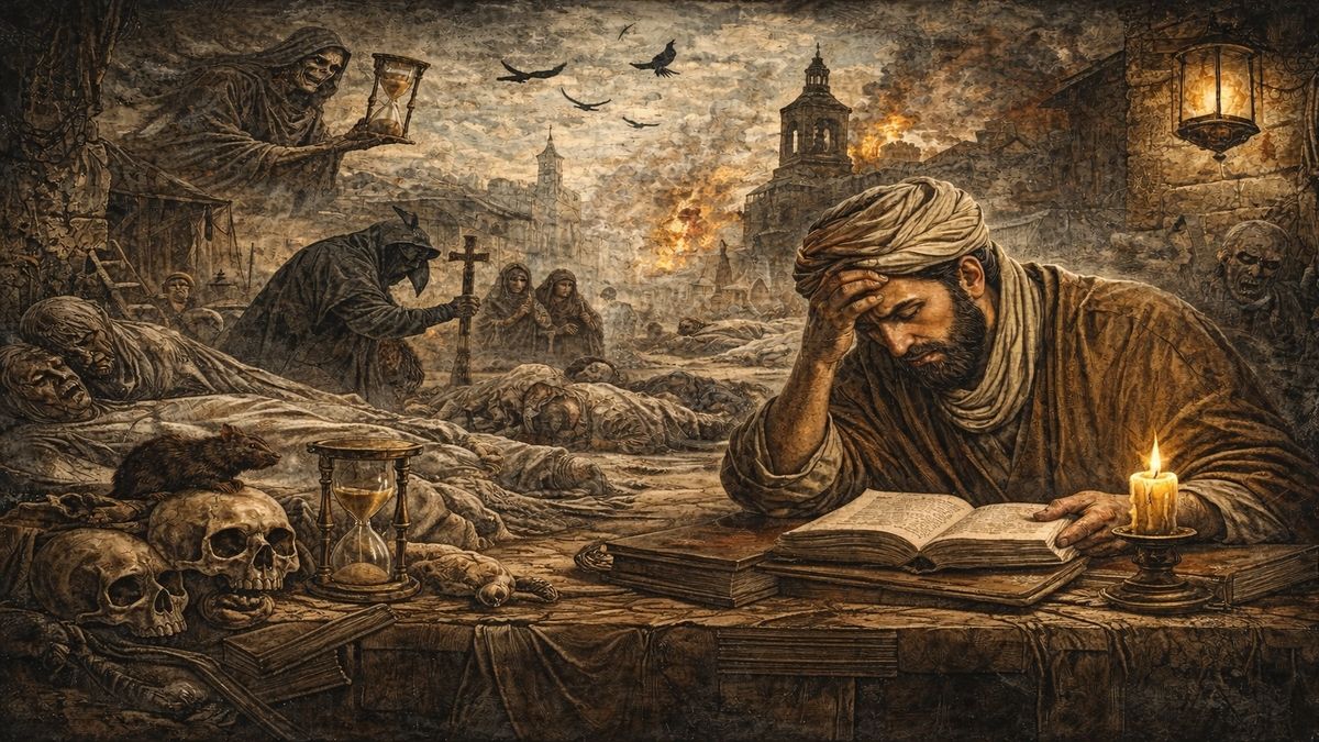 1347–1351 Kara Veba Salgını ve İbn-i Haldun’un Düşünsel Kırılması 1347–1351 Kara Veba Salgını ve İbn-i Haldun’un Düşünsel Kırılması – Kara Ölüm sırasında yaşanan kitlesel yıkımın İbn-i Haldun’un düşünce dünyasında yarattığı kırılmayı anlatan alegorik sahne