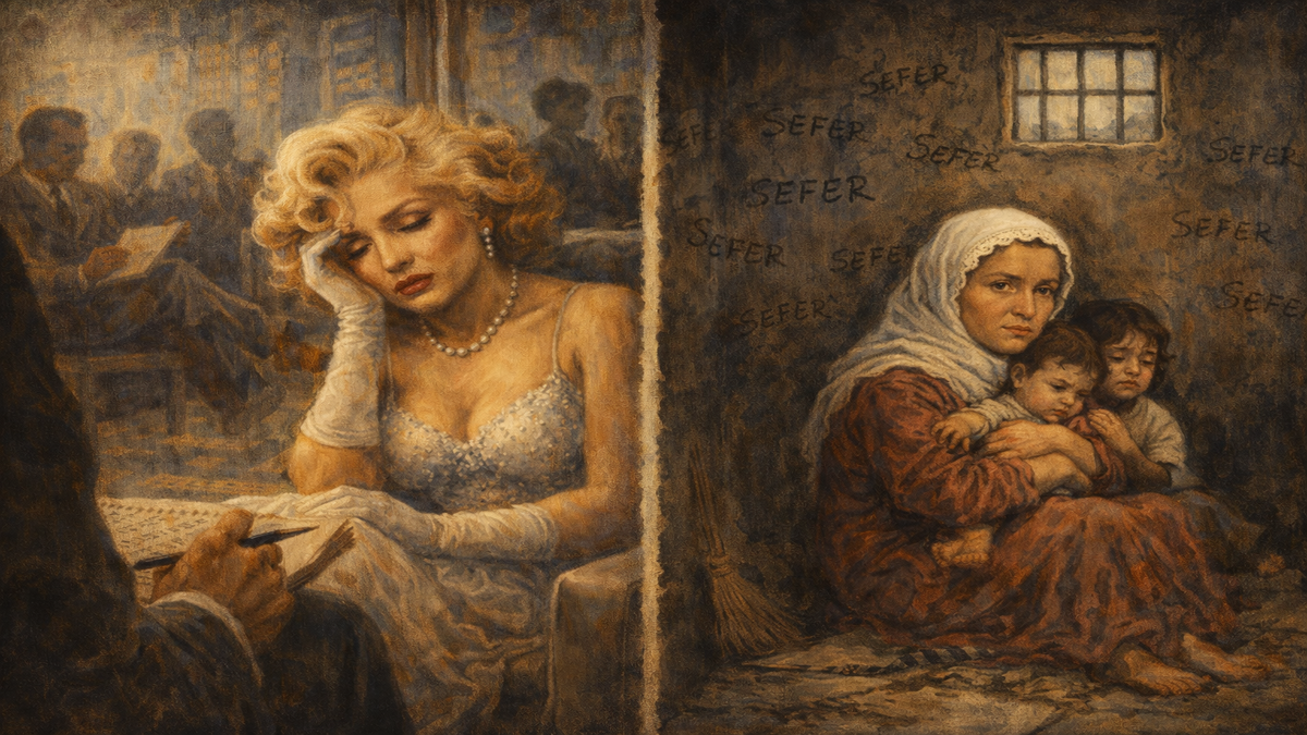 Marilyn ve Rabia – Psikolojik Çöküş ve On Yıllık Yalnızlık Marilyn ve Rabia psikolojik çöküş sahnesi; bir yanda tedavi gören Marilyn, diğer yanda Diyarbakır’da çocuklarıyla yalnız kalan Rabia ve duvarlarda Sefer ismi, alegorik kompozisyon.