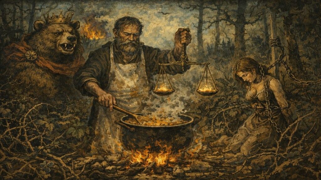 Adalet mülkün temelidir anlayışını temsil eden, dikenli ormanda ayı figürü, adalet terazisi ve zincirlenmiş kadınla kurulan alegorik sahne