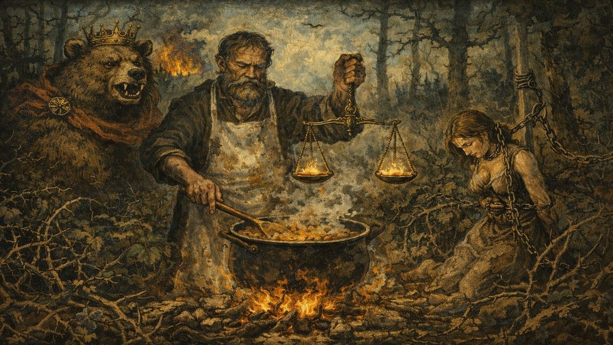 Adalet mülkün temelidir anlayışını temsil eden, dikenli ormanda ayı figürü, adalet terazisi ve zincirlenmiş kadınla kurulan alegorik sahne