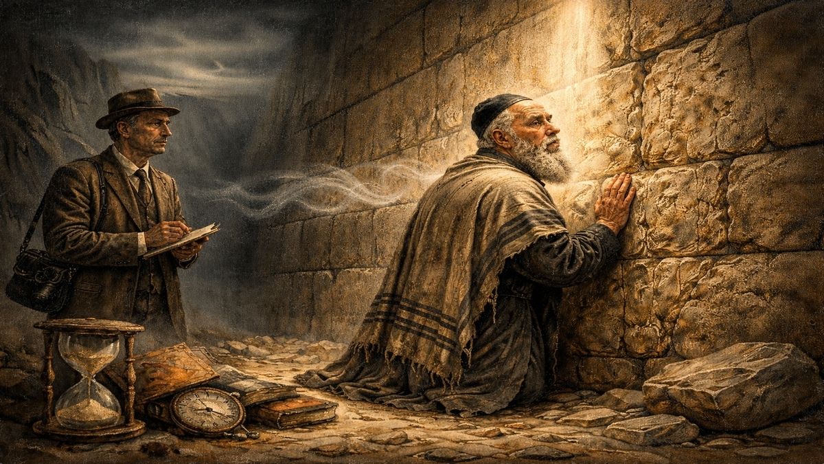 Ağlama Duvarı önünde kuşkuyla taşlara bakan yaşlı Yahudi ve arkasında not alan gazeteci, zamanın sembolleriyle Bosch tarzı alegorik sahne