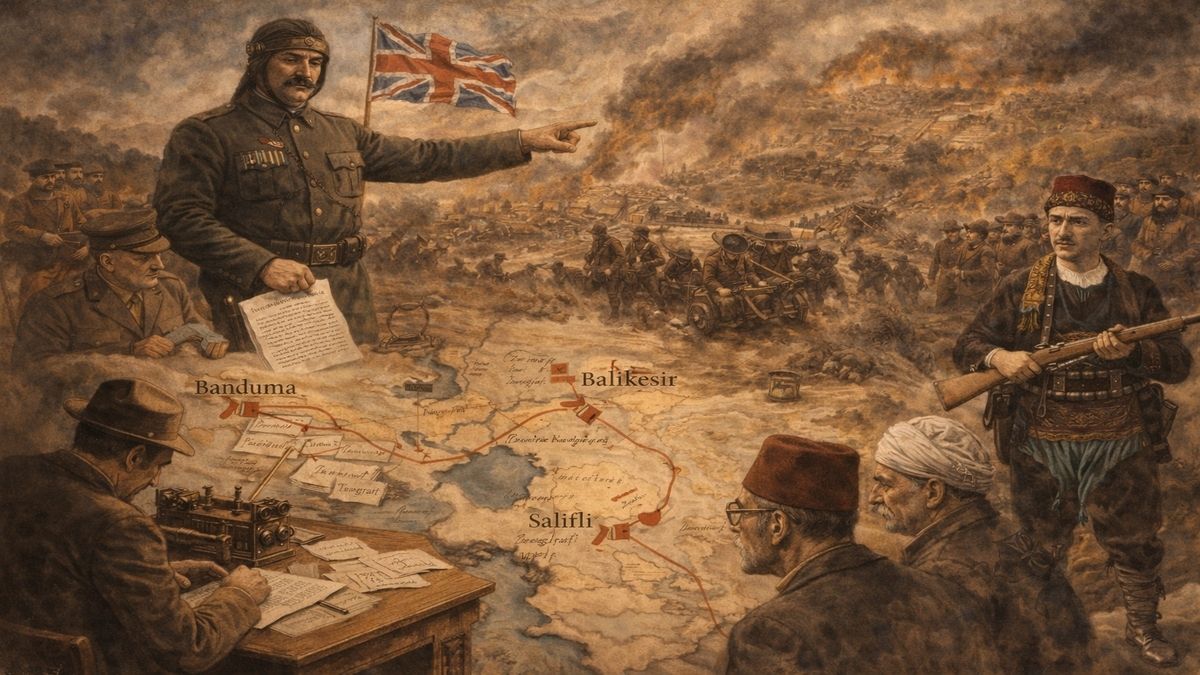 Ahmet Anzavur isyanı neden çıktı sorusunu anlatan, Bandırma ve Balıkesir hattında Anzavur, Çerkez Ethem ve Demirci Mehmet Efe’nin aynı sahnede resmedildiği çok katmanlı tarihsel çizim.