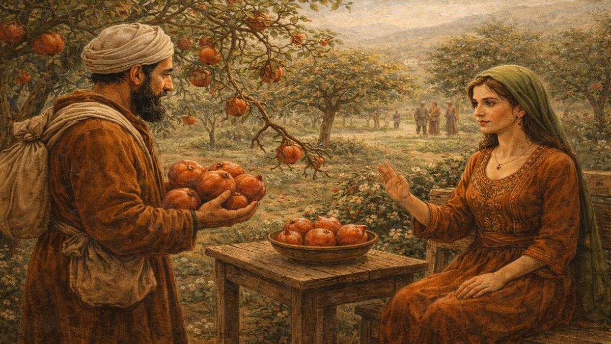 Alevilikte Rıza Şehri ve Nar Bahçesi Alevilikte Rıza Şehri anlatısında sofunun kopardığı narları genç kadına sunduğu sahne