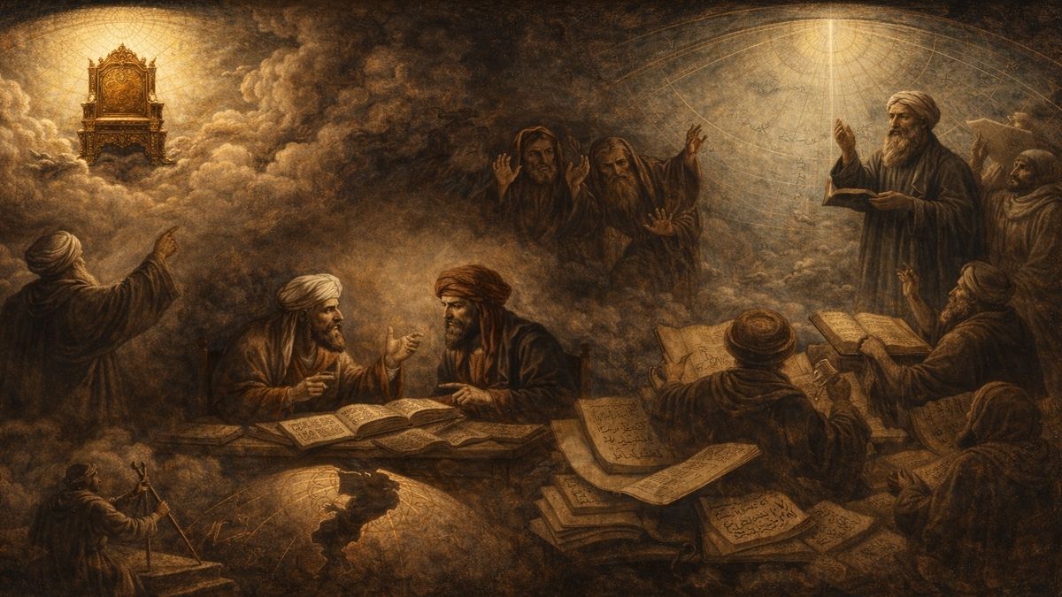 Allah'ın İlk Yarattığı Arş Nedir? sorusunu alegorik biçimde betimleyen sahnede gök kubbe altında boş bir taht, tartışan İslam âlimleri ve arşa yönelen işaretler yer alıyor.