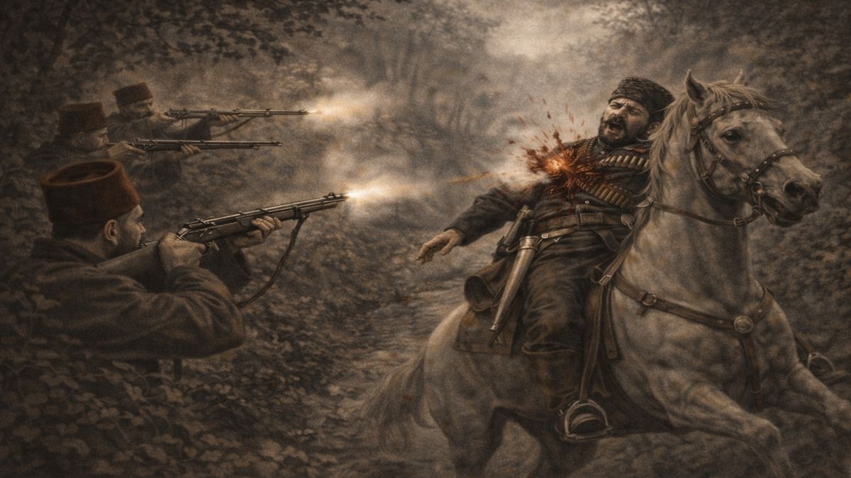 1921 yılında Biga yakınlarında pusuya düşürülen Anzavur Ahmet’in vurularak öldürülmesini betimleyen tarihsel çizim