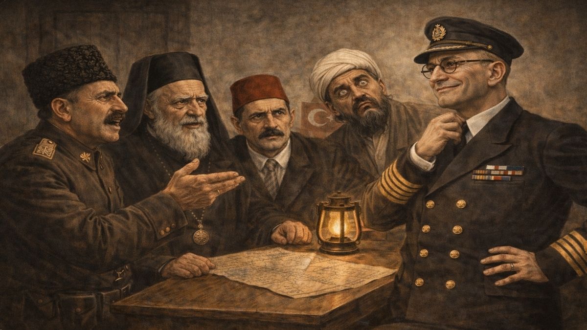 Anzavur Ahmet’in İngiliz Kemal ile gizli görüşmesi, masada Gavur İmam’ın da bulunduğu ironik sahne, 1920 Bandırma