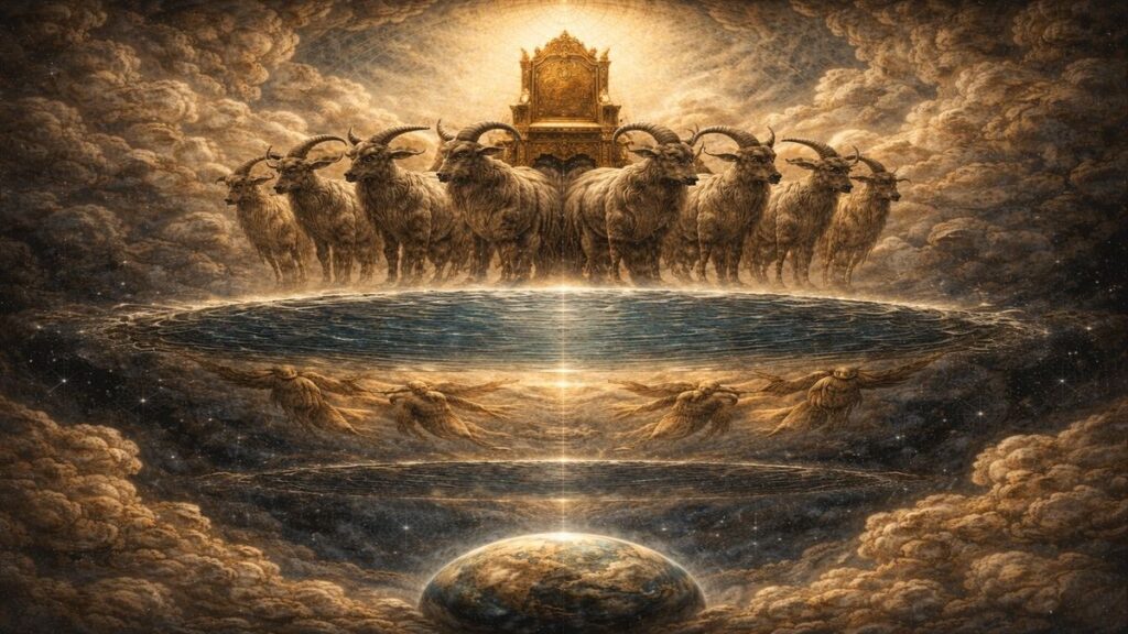 Arşın üstünde ne var sorusunu alegorik biçimde gösteren sahnede sekiz dağ keçisi ön planda Arş’ı taşırken üst katmanlarda kozmik deniz ve gök katları yer alıyor.