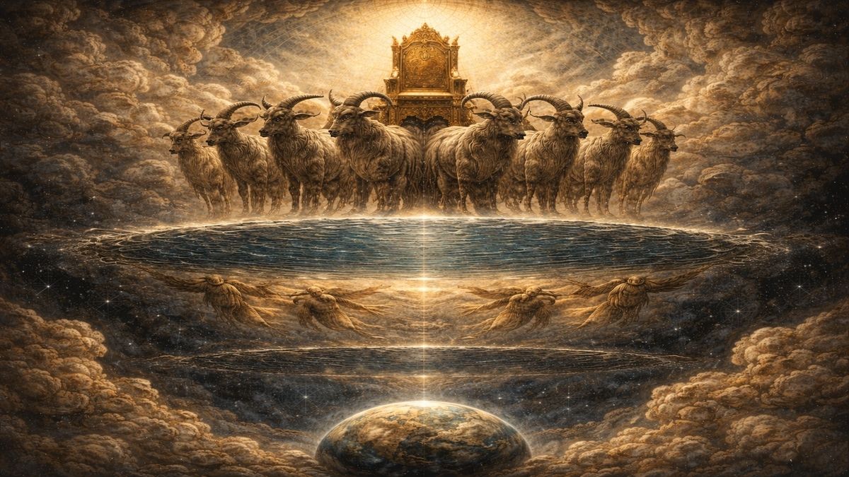 Arşın üstünde ne var sorusunu alegorik biçimde gösteren sahnede sekiz dağ keçisi ön planda Arş’ı taşırken üst katmanlarda kozmik deniz ve gök katları yer alıyor.