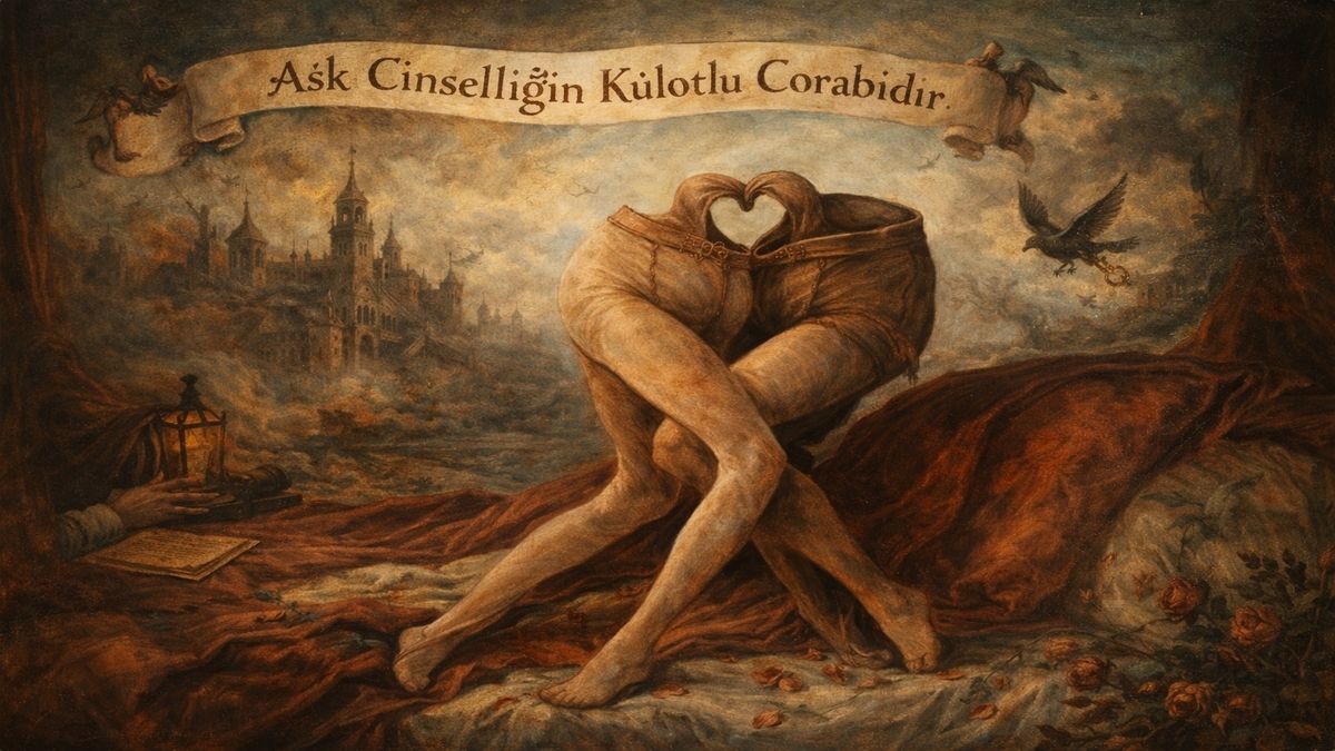 Birbirine dolanmış iki külotlu çorabın insan bacaklarını andıran alegorik formu, arka planda eski bir şehir silüetiyle birlikte aşk ve cinsellik arasındaki örtücü ilişkiyi simgeler.