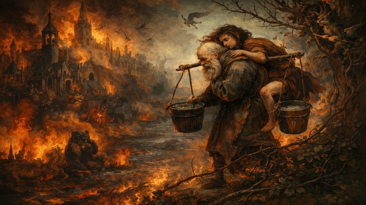 Sırtında su küfesi taşıyan yaşlı bir adam, ayağına diken batan ve yürümeyi bilmeyen bir figürü kamburunda taşırken arkada cayır cayır yanan bir şehir görülür; aşkın yük, fedakârlık ve terk ediş alegorisi.