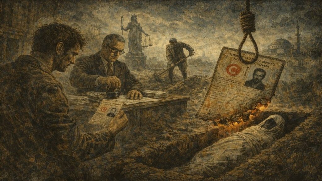 Aziz Nesin Özgeçmiş şiirini anlatan alegorik sahne; yoksulluk, kimlik ve bürokrasinin insan hayatını silikleştirmesini simgeleyen görsel anlatım.