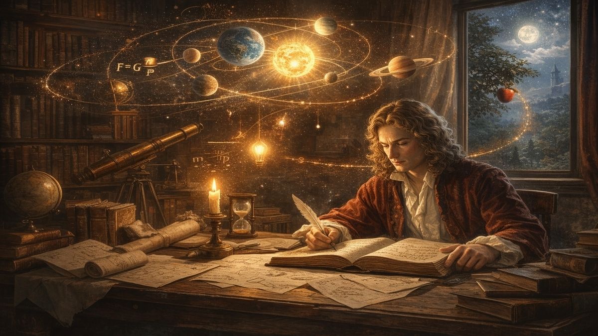 Bilim mi ilim mi tartışmasını anlatan Bosch tarzı illüstrasyonda Isaac Newton, kütle çekim yasasını keşfederken tasvir ediliyor; bilim ve ilim arasındaki farkı simgeleyen elma, gezegenler ve deney araçları yer alıyor.