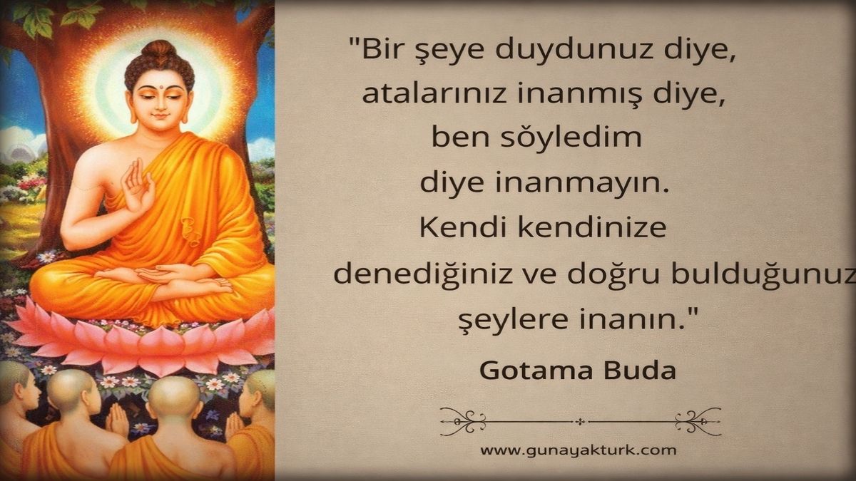 Bilim mi ilim mi tartışmasına gönderme yapan Gotama Buda alıntısı, 1200x675 yatay formatta lotus üzerinde oturan Buda illüstrasyonu ve sorgulamayı vurgulayan sözlerle tasvir edilmiştir.