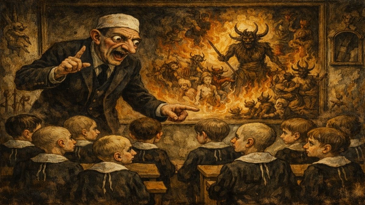 Din diliyle korku üreten bir öğretmenin çocuklara cehennem sahneleriyle vaaz verdiği, ideolojik eğitim eleştirisini anlatan Bosch tarzı alegorik sınıf görseli