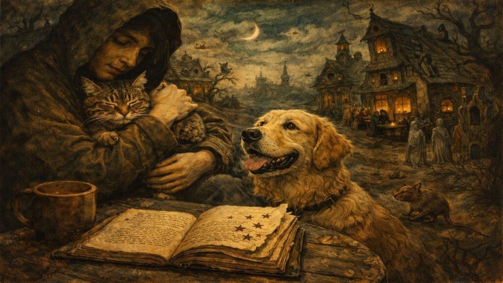 Bir Hobin Olsun metni için Bosch tarzı alegorik sahne: kucağında kedi tutan bir figür, yanında sadık bir köpek, yıldız işaretli açık bir kitap ve arka planda salaş bir restoran masası.