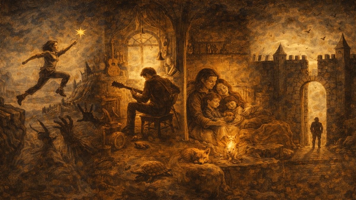 Bir Hobin Olsun metnine ait Bosch tarzı alegorik sahne: imkânsız bir hedefe uzanan figür, tutkuyla hobisiyle meşgul bir karakter, aile sahnesi ve yüksek taş duvarlarla simgelenen sınırlar.