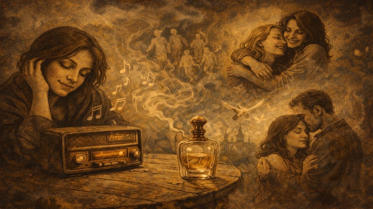 Bir Hobin Olsun metnine ait Bosch tarzı alegorik görsel: eski bir radyo, kişisel parfüm şişesi, iki yakın arkadaşın sarılması ve büyük aşkı simgeleyen bir çift figürü.