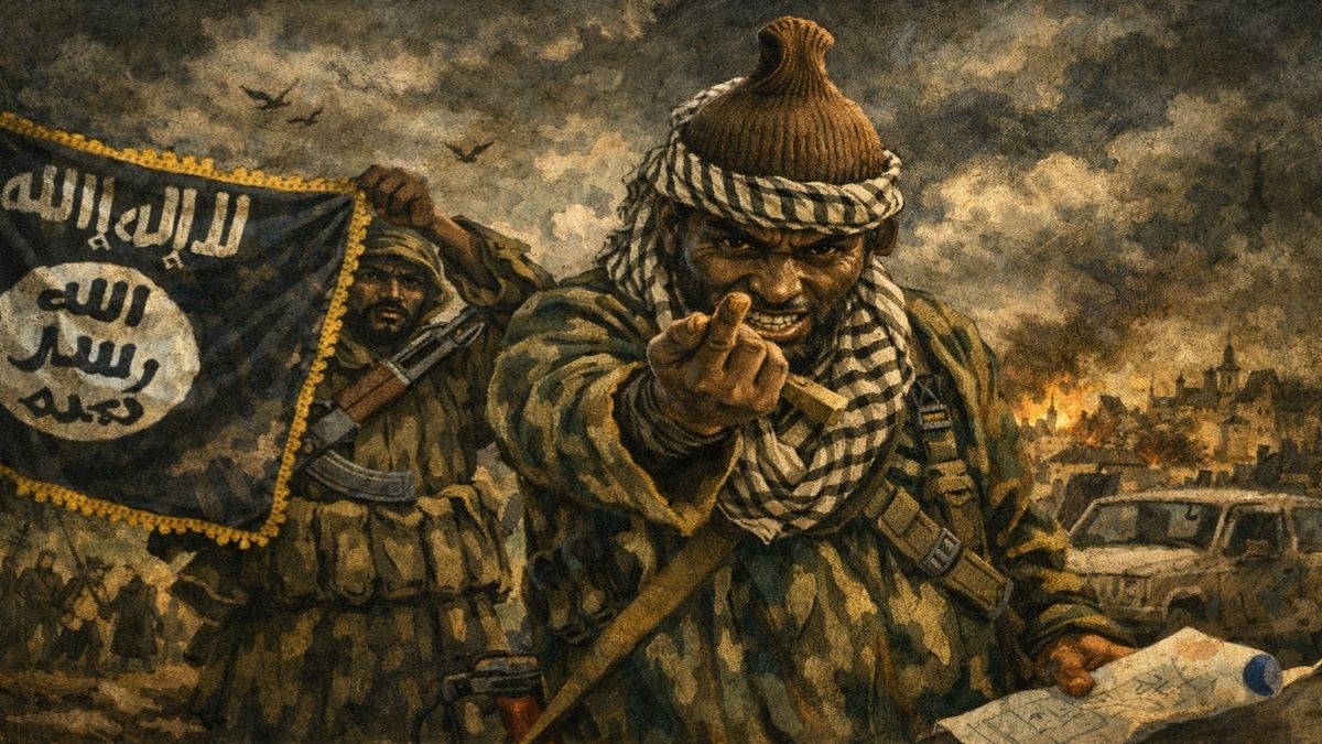 Boko Haram örgütünü simgeleyen, silahlı militan figürlerinin ve siyah bayrağın yer aldığı alegorik Bosch tarzı sahne; radikal terör örgütleri ve radikalleşme sürecini temsil eden karanlık bir kompozisyon.