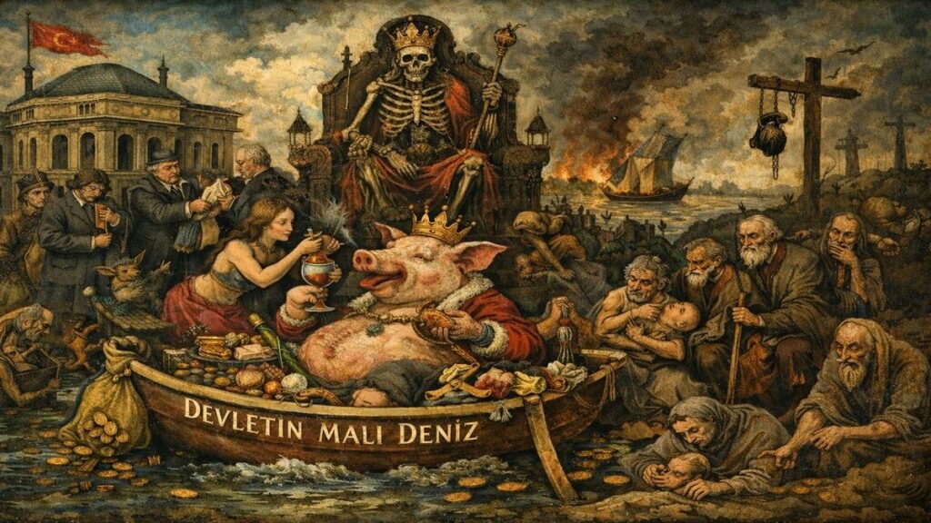 Devletin malı deniz anlayışını temsil eden, teknede oturan domuz figürü ve çevresinde ahlaki çöküşü anlatan Bosch tarzı alegorik sahne