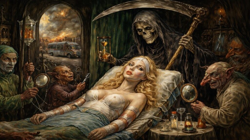 Estetik Hikayesi için Bosch tarzında alegorik sahne; ameliyat masasında estetik yaptırmış kadın, arkasında ölüm figürü ve zamanı simgeleyen kum saati, modern insanın ölüm korkusu ve güzellik takıntısını anlatıyor.