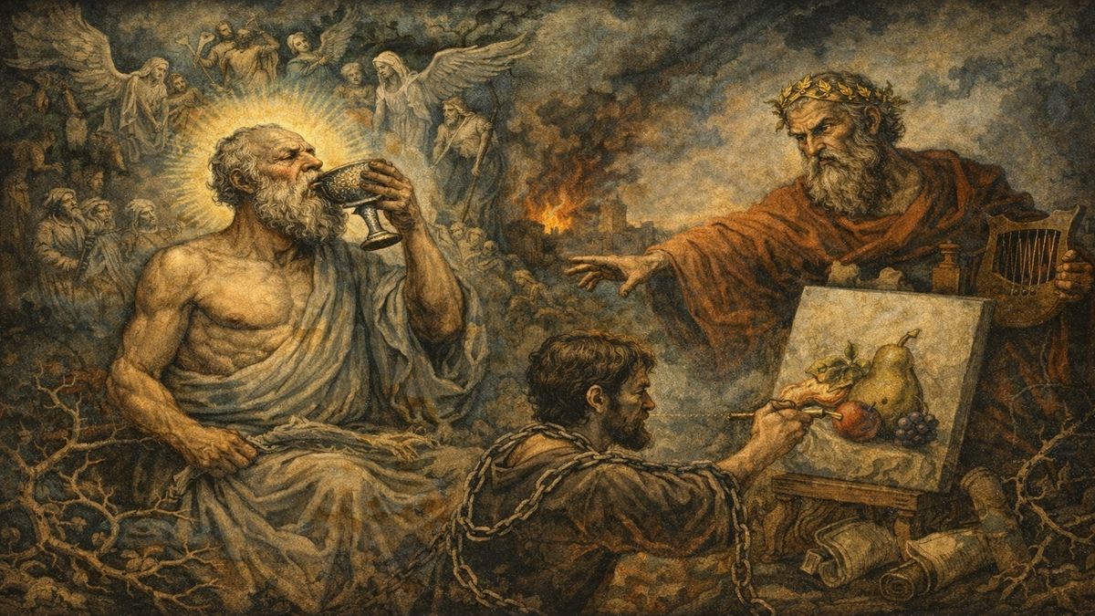 Sokrates’in baldıran içtiği, Platon’un zincirlenmiş bir sanatçıyı yönlendirdiği Bosch tarzı alegorik sahne