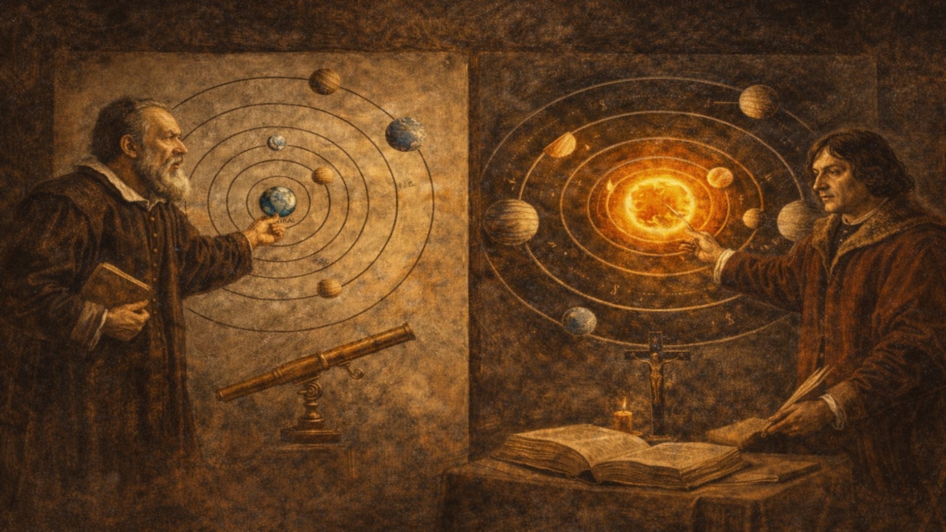 Galileo Dünya ve Güneş Hakkında Ne Savundu? Galileo Galilei’nin Dünya ve Güneş hakkında savunduğu güneş merkezcilik modelini temsil eden Bosch tarzı alegorik sahne; Güneş merkezde, gezegenler yörüngede ve teleskopla gözlem yapan Galileo.