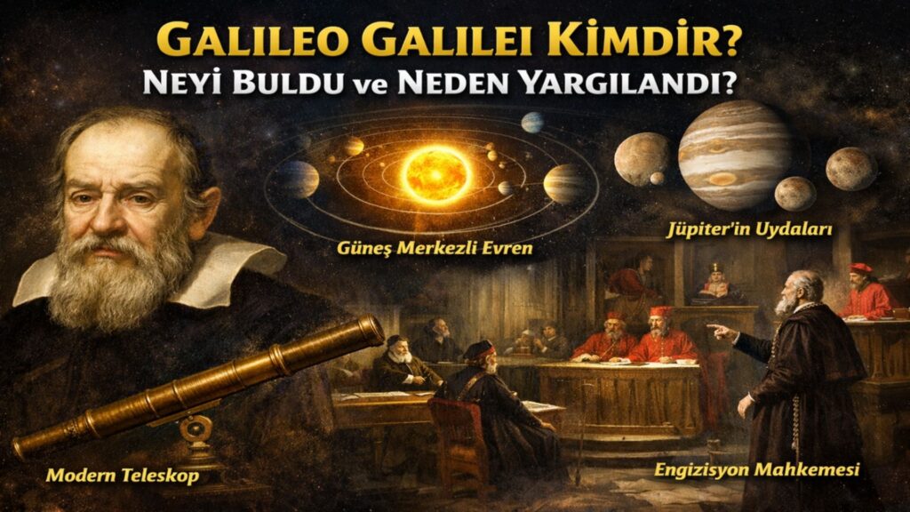 Galileo Galilei kimdir, neyi buldu ve neden yargılandı sorularını anlatan görsel; teleskop, güneş merkezcilik ve Engizisyon temalı kompozisyon.