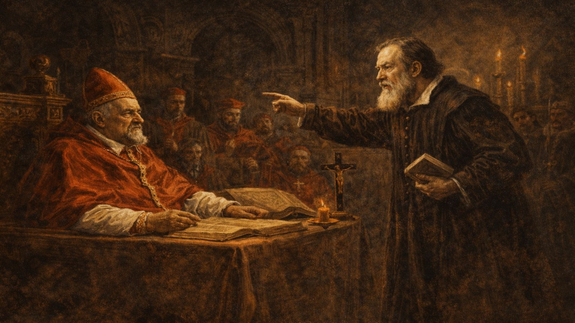 Galileo Neden Yargılandı? Engizisyon Süreci Galileo Galilei’nin Engizisyon sürecinde yargılanmasını temsil eden Bosch tarzı alegorik sahne; Papa ve kardinal heyeti önünde savunma yapan Galileo.