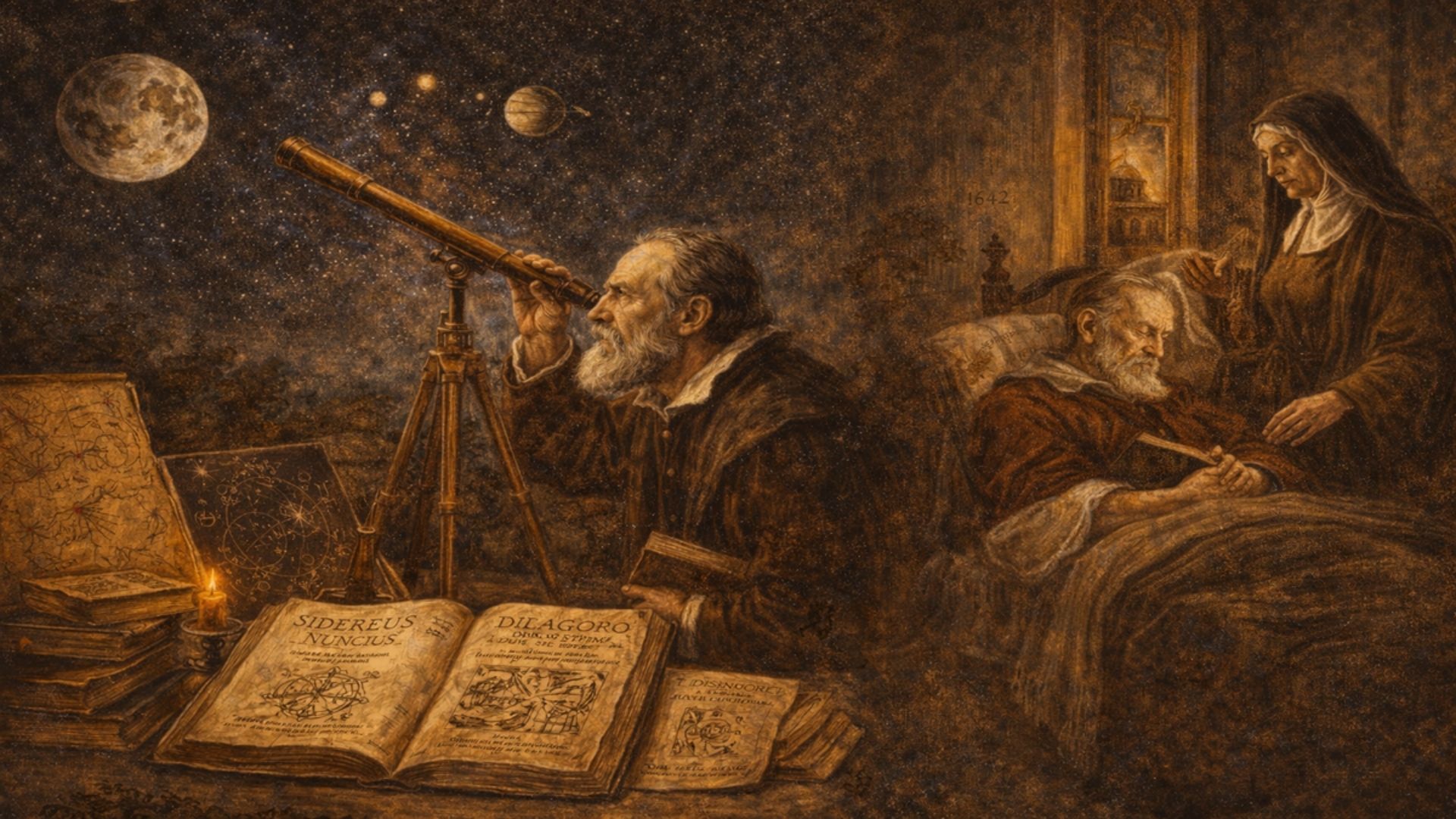 Galileo’nun Eserleri, Teleskop Çalışmaları ve Ölümü Galileo Galilei’nin eserleri, teleskop gözlemleri ve Arcetri’deki son günlerini temsil eden Bosch tarzı alegorik kompozisyon; teleskop, Sidereus Nuncius ve Diyalog kitabı ile ölüm sahnesi.
