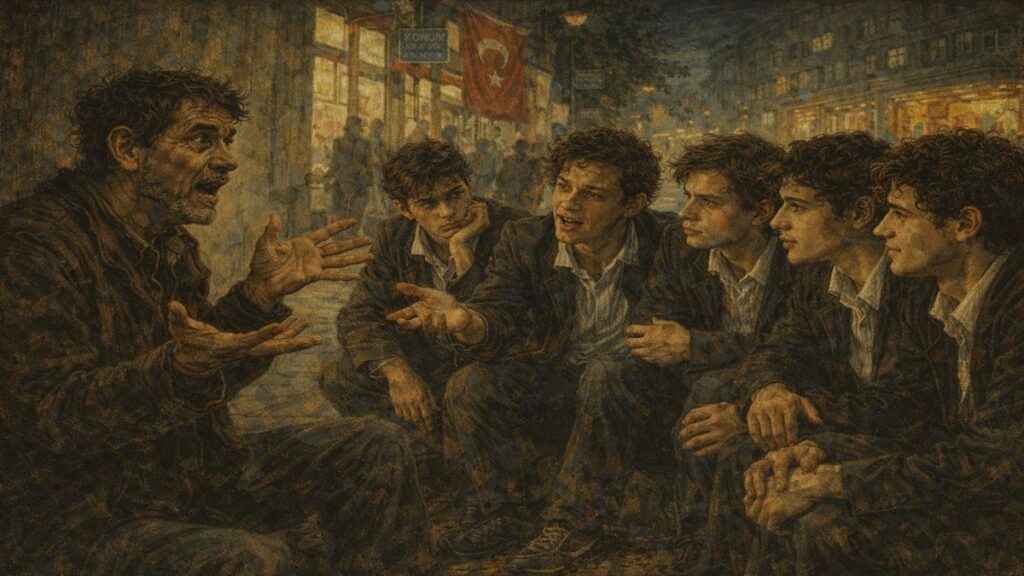 Genç erkeklere tavsiyeler temasını anlatan sahne; Konur Sokak’ta beş genç erkeğin ilişki üzerine konuşurken, yaşça büyük bir adamın şaşkınlık ve tepkiyle dinlediği an.